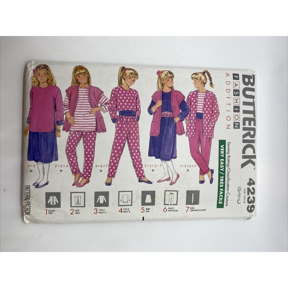Butterick Sewing Pattern 4239 Girls Jacket Vest Top Skirt Pants Sash Uncut 1989